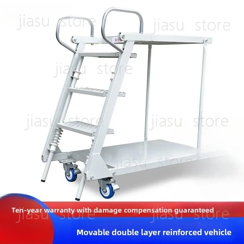 

Industrial Mobile Warehouse Ladder Cart Double Layer Steel Platform Truck For Storage Use
