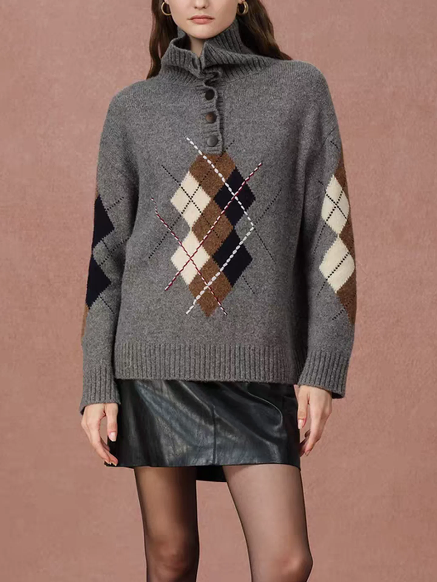 Ele Damen-Strickpullover mit besticktem Rautenmuster, College-SLE-Top, mittellang, S Sve, lange Strickwaren für Herbst und Winter