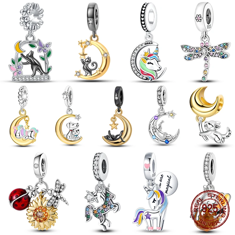 

Fit Charms For 925 Original Bracelets And 3mm Bracelets Cat Pendant Under The Moon 925 Silver Jewelry Making For Women Gift