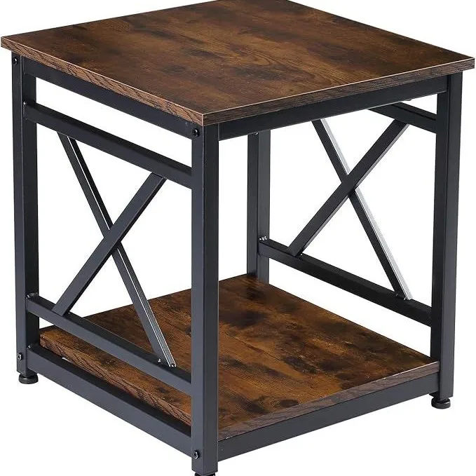 

Carbon steel American retro two-story living room wrought iron side table side X-shaped design storage table square side