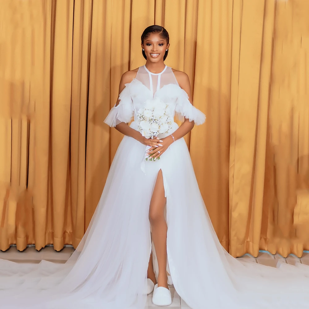 

African Bridal Shower Dress O-Neck Side Split Reception Dresses For Bride Tulle Customized Bridal Robes Wedding For Photoshoot