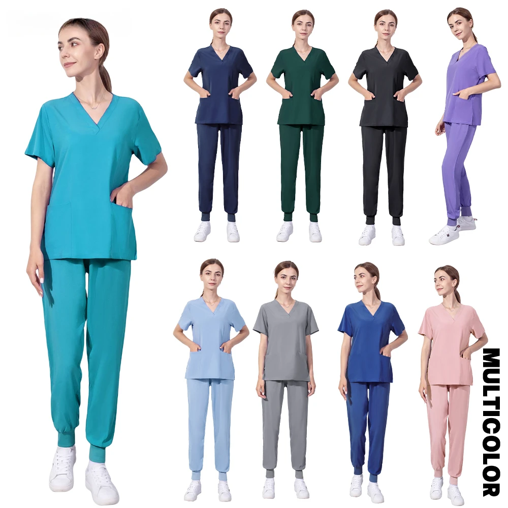 

Operating Room Medical Uniforms Women Scrubs Clothes Sleeve V-Neck Workers T-Shirt Tops Summer Uniformes Medical Accessories