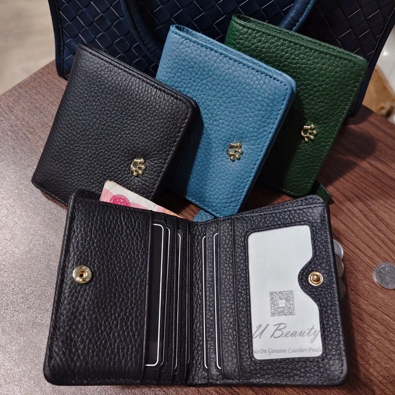 Ladies Elegant Crown Button Short Wallet Genuine Cow Leather Hasp Bil-fold Purse ID Card Holders Money Bag Wallet Coin Purse