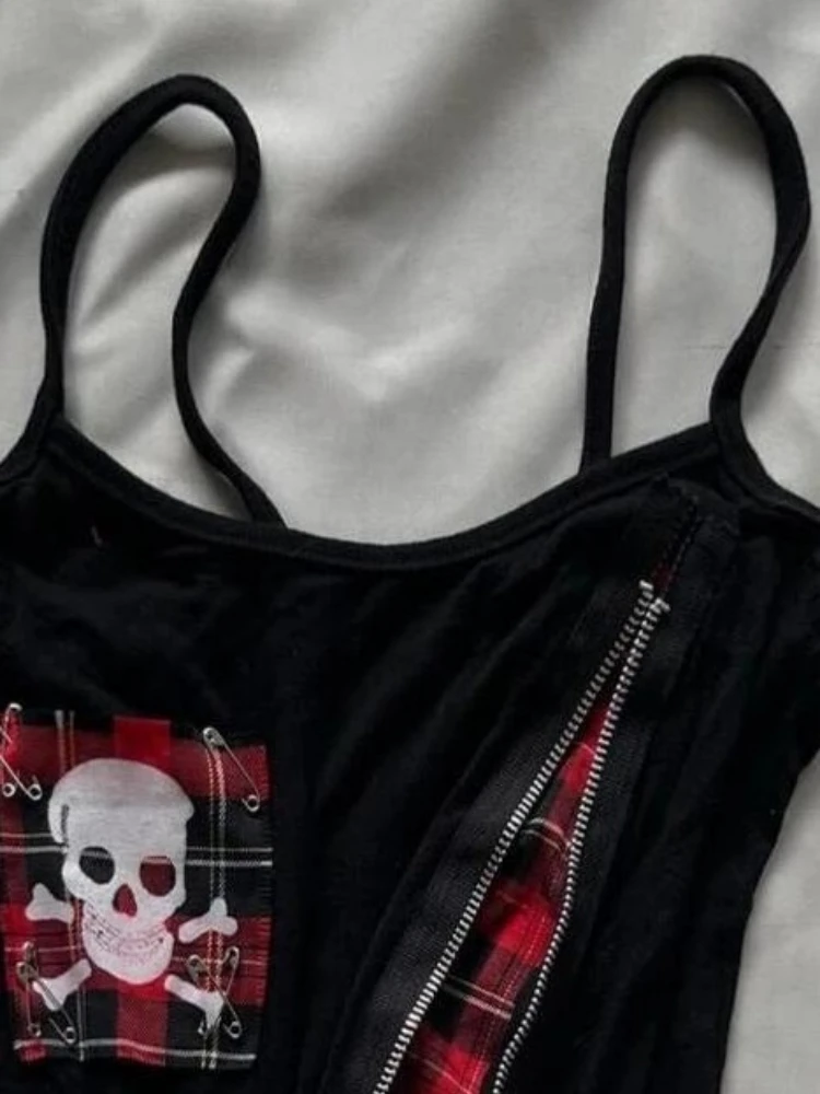 اليابانية الجمجمة الطباعة الدبابات Y2k الجمالية منقوشة المرقعة المرأة سستة تانك القمم Harajuku عارية الذراعين خمر مثير الشرير بروتيل #5