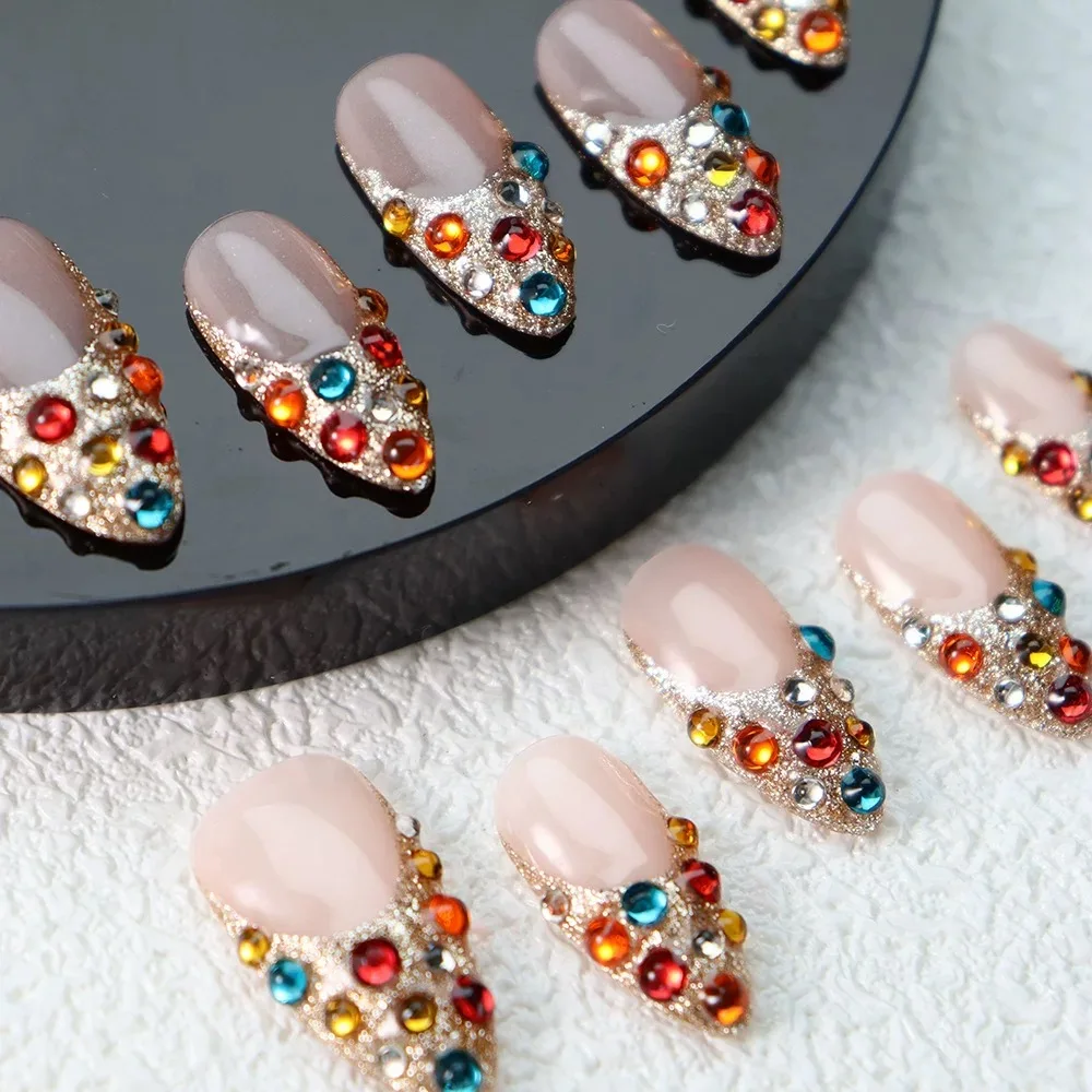 10pcs high-end Light luxury short noble full drill French handmade fake nails, Color diamond short Lady French short