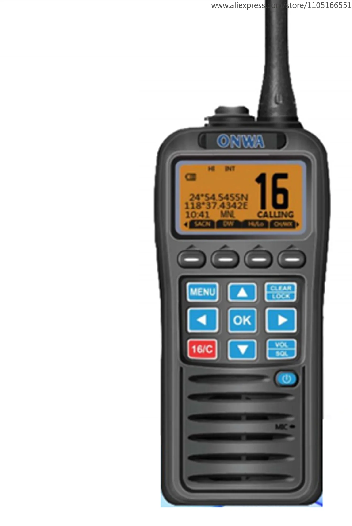 ONWA KV-38: Handheld VHF/DSC marine radio w/ ATIS func(Floats and Flashes)