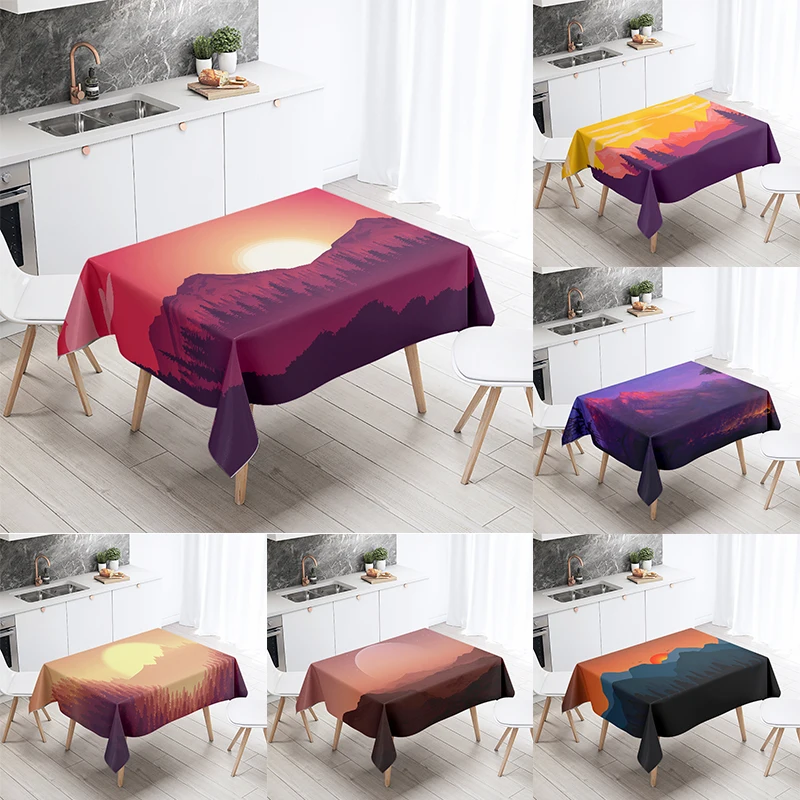 Cartoon Illustration Sunset Scenery Printed Tablecloth Camping  Antifouling Waterproof Kitchen Table Home Decoration