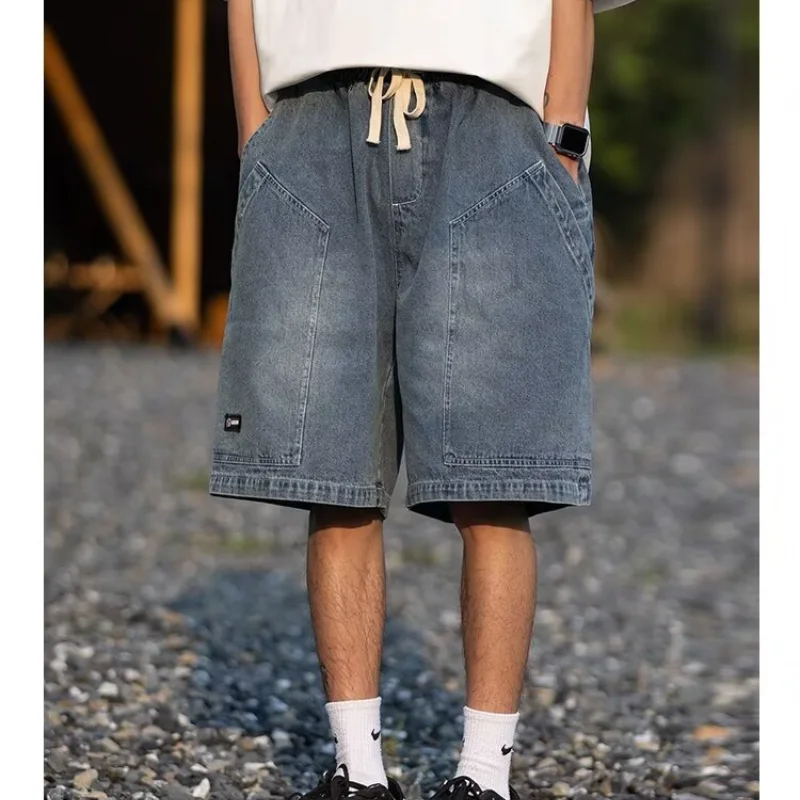 Zomer Vintage Denim Shorts Heren Mode High Street Y Y 2K Losse Mid Broek Rechte Pijpen Casual Gewassen Cowboy Halve Broek Grote Zak