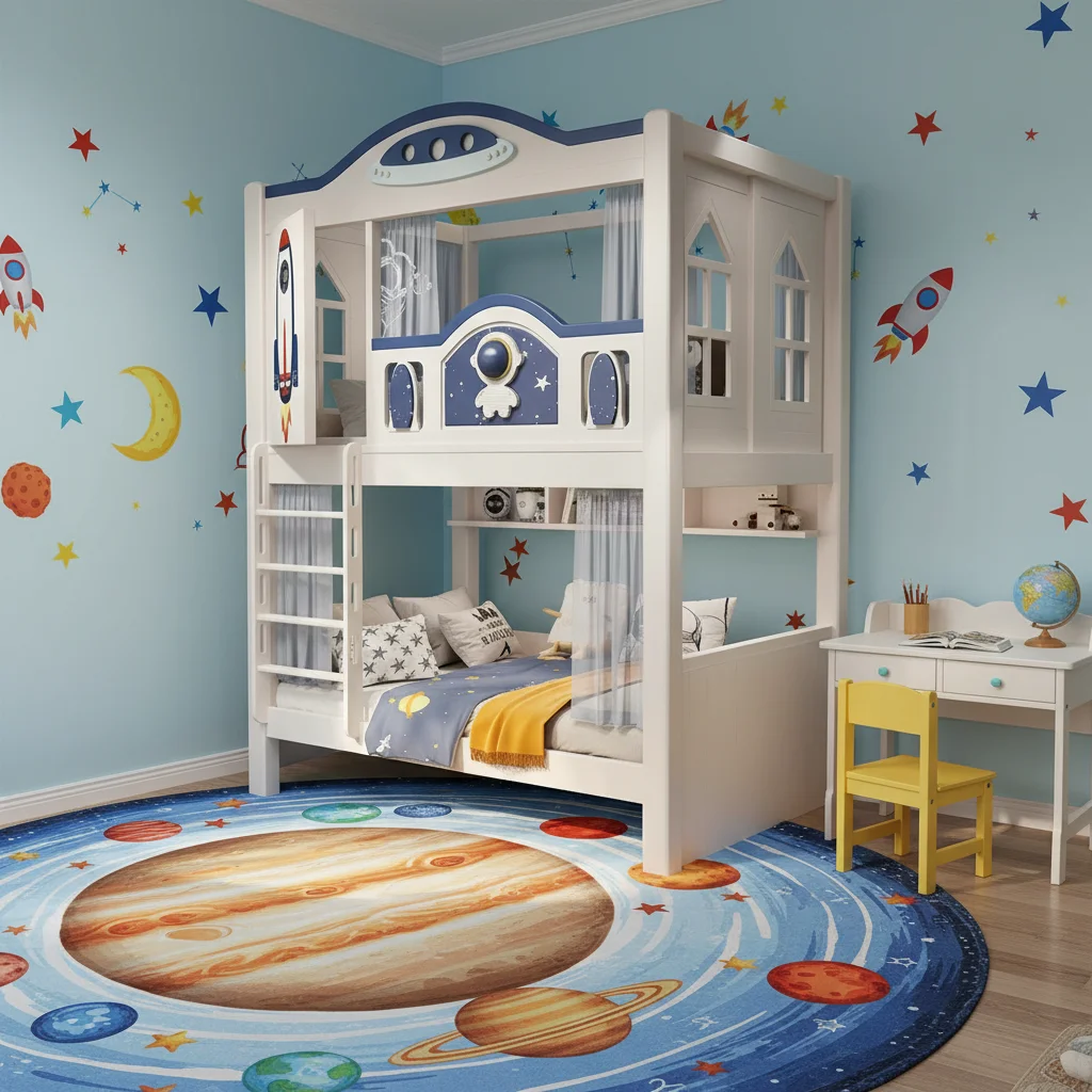 &* Organizational Astronaut Themed Solid Timber Bunk Bed Built-in Shelving Galactic Kids Loft Sleeper Unit