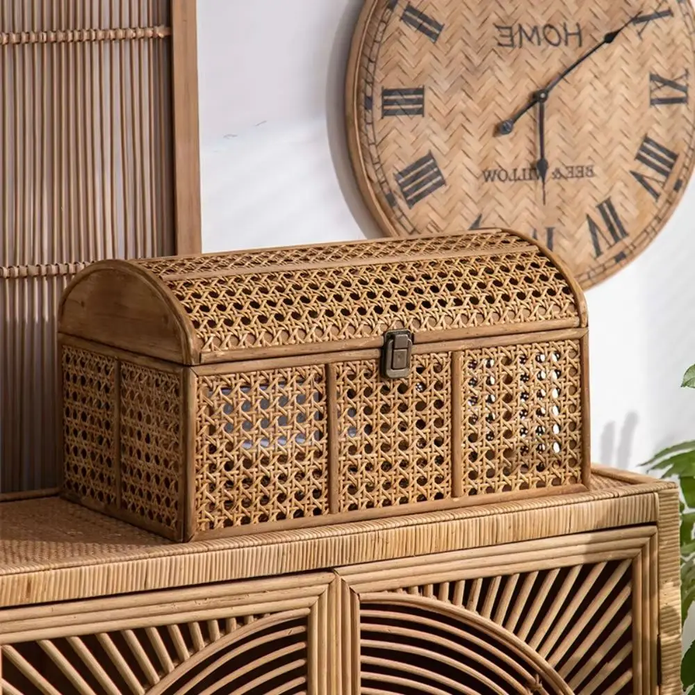 Chinese Style Old Rattan Wind Desktop Storage Basket Cosmetic Box Plastic Snack Sundries Organizer with Handle for Home Decor