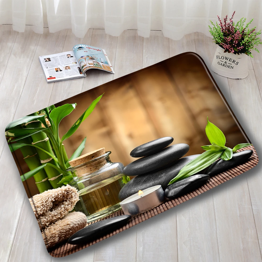 Green Bamboo Black Stone Orchid Zen Bath Mat Water Candle Buddha Modern Home Door Rug Kitchen Bathroom Decor Non-Slip Pad Carpet