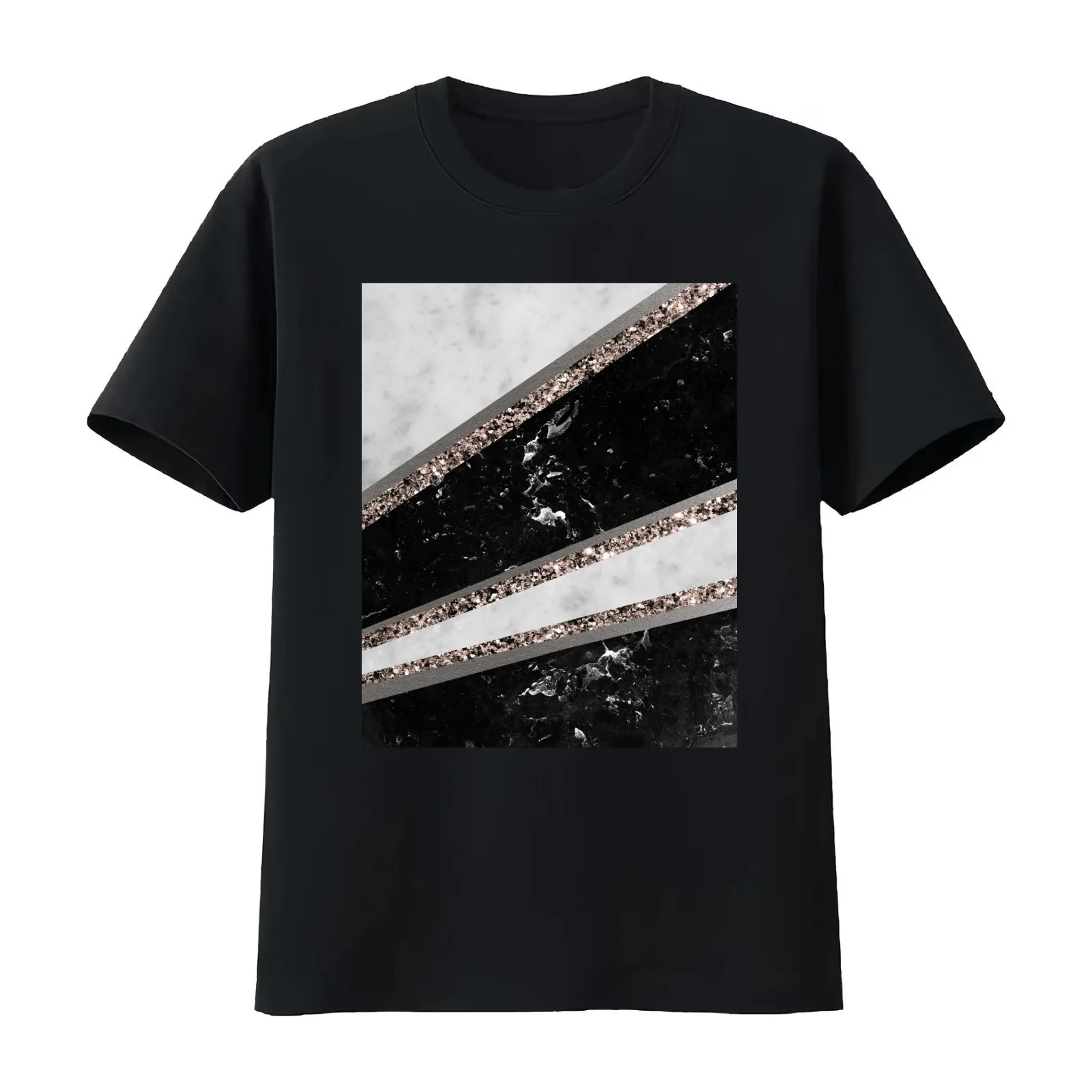 Black and White Marble Rose Gold Stripe Glam #1 (Photo of Glitter Only - Not Reflective) T-Shirt Summer Casual Cotton Tee