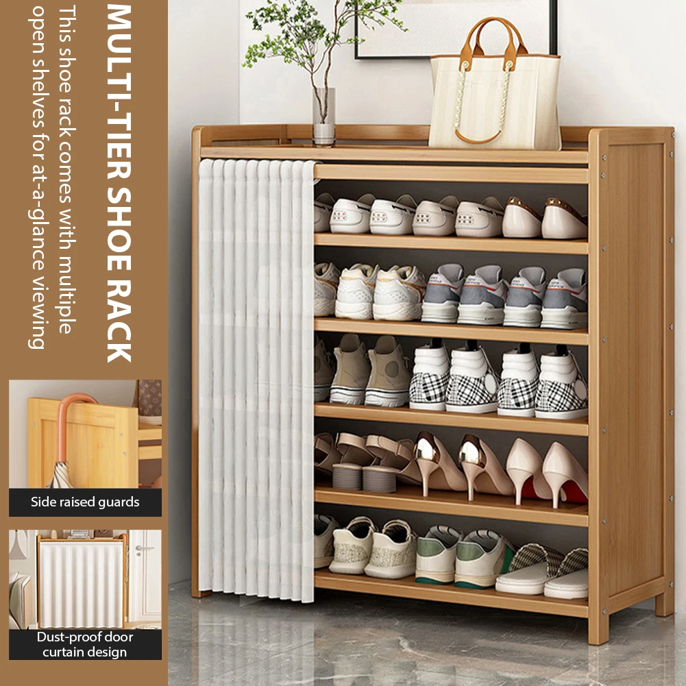 

6-Tier Shoes Racks Organizer with White Gauze Curtain Wooden Cabinet Organizer for Entryway Hallway Bedroom Closet Living Room