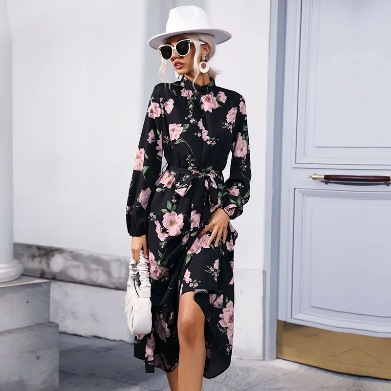 

Women's Dress Best seller Black Floral Print Balloon Sleeve Belted Waist Flowy Maxi Dress Fashion Autumn Party Casual Dress