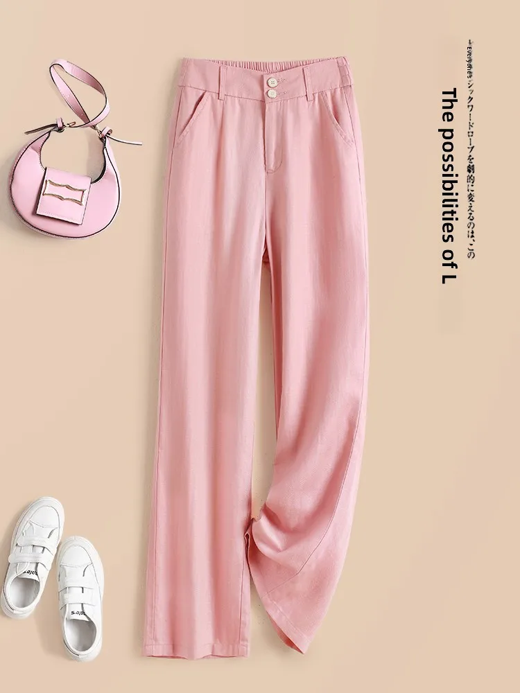 

Pink Linen Wide Leg Pants Women Summer Thin High Waist Drape Casual Sun Protection Straight Leg Trousers Commute Style