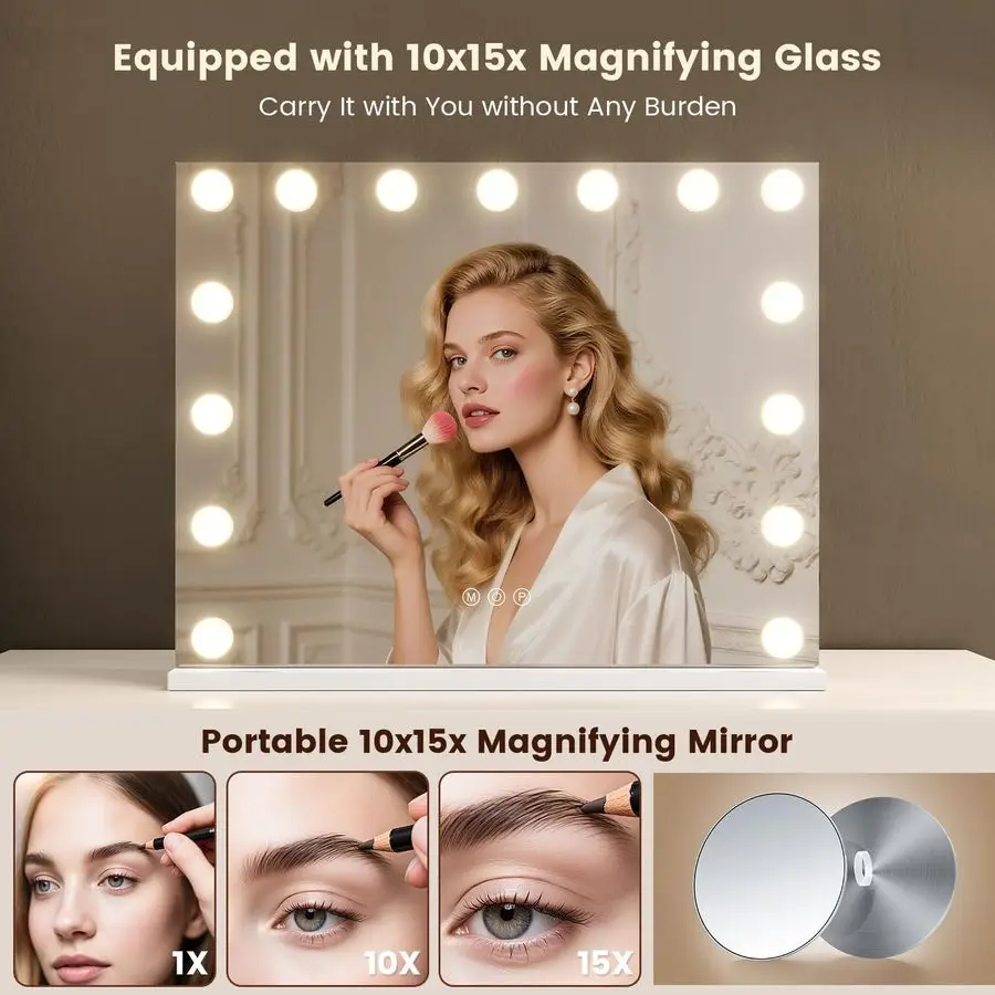 Large Vanity Mirror with Lights, Hollywood Makeup Mirror with 15 Dimmable Bulbs 3 Light Colors, Detachable 1X 10X 15X Magnificat