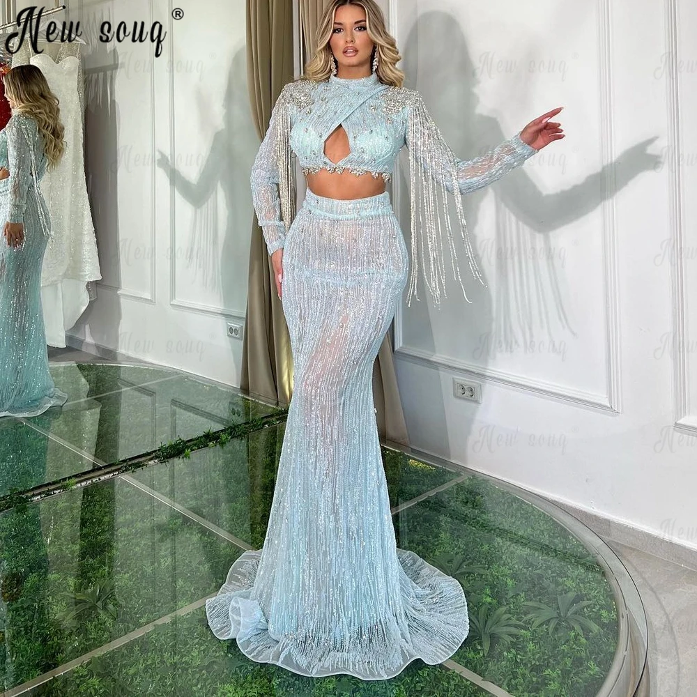 

Two Pieces Luxury Illusion Evening Dress With Silver Chains Tassels Arabic 2024 Long Mermaid Formal Celebrity Dresses Sexy Prom