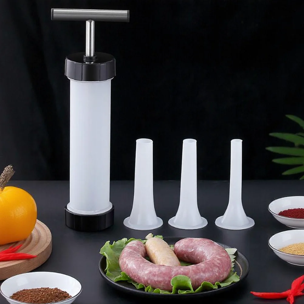 Manual Sausage Stuffer Hand Push Sausage Maker for Home Use Portable Tool with 3 Nozzles 23mm 19mm 15mm PP Stainless Steel
