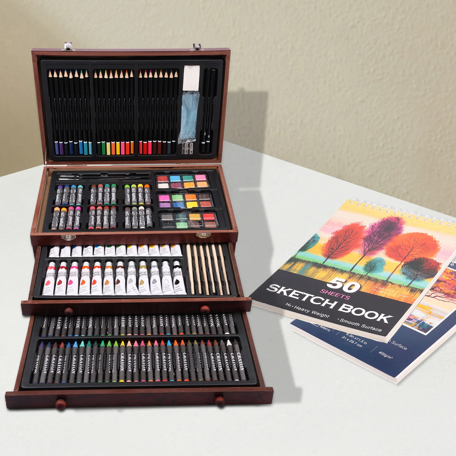 

173Pcs Artist Drawing Painting Set with Wooden Case Portable Coloring Art Supplies with 2 Drawing Pads for Painting Enthusiasts