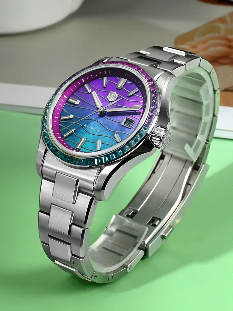 San Martin New 39mm Miyota 9015 Gemstone Bezel Splicing MOP Dial Automatic Reloj OTF Clasp BGW-X1 Lume Waterproof 100M SN0150