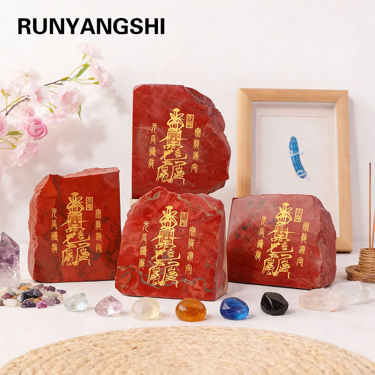 

1 шт. натуральный рунный камень из красной яшмы и лечебный кристалл из фиолетового кварца | Премиальный декоративный элемент для дома