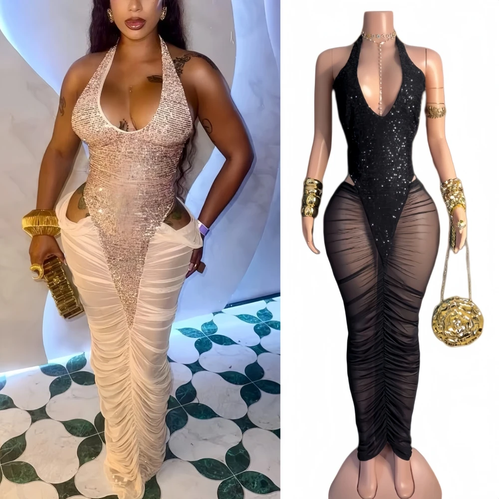 

HLJ Sexy Sequin Patchwork Bodycon Dresses Woman Halter Sleeveless Backless Hollow-out Dress Female Party Clubwear Vestidos New