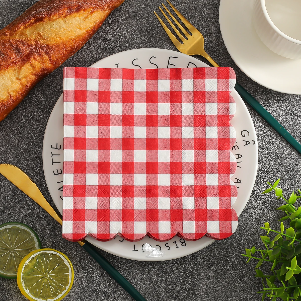 20 colorful printed napkins with a red and white checkered pattern, perfect for use in restaurants, kitchens, weddings, and birt