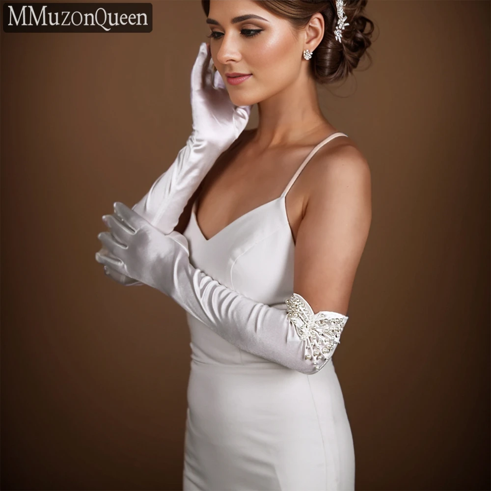 MMQ MM08 Wedding White Satin Gloves Women\'s Dress Pearls Long Gloves Elegant Evening Accessories DIY Customized Glove