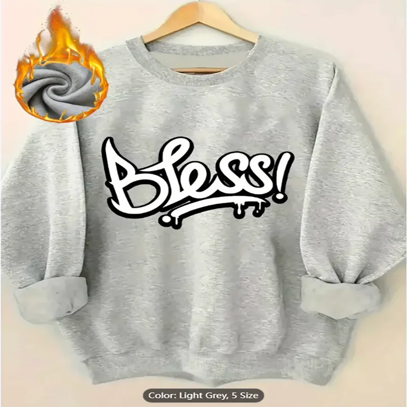 

Womens Light Grey Sweatshirt Bless Graffiti Graphic Print Fleece Lined Casual Oversized Pullover Top Comfortable Pure Cotton