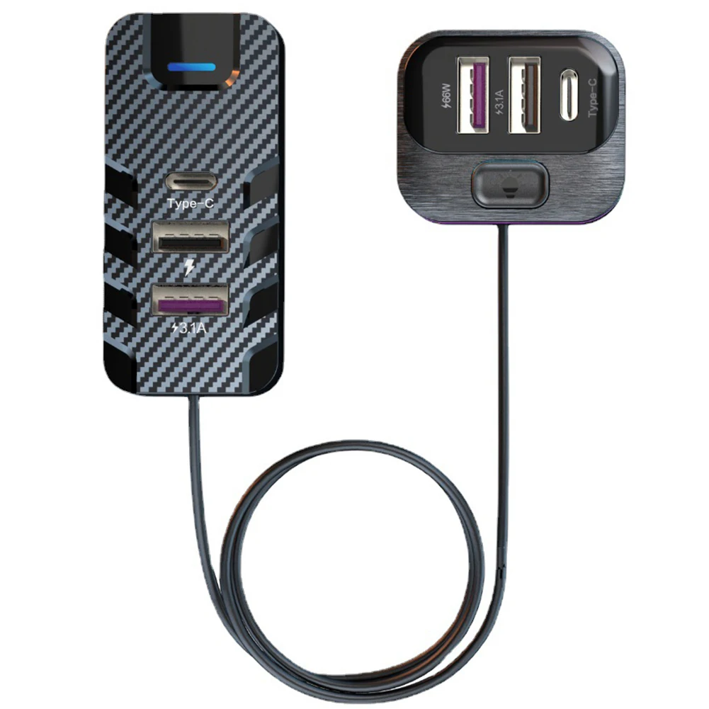 Divisor de isqueiro do carro, Carregador de carro QC 3.0 PD USB, Carregamento rápido adaptador de soquete, Cabo 1.5m, 66W