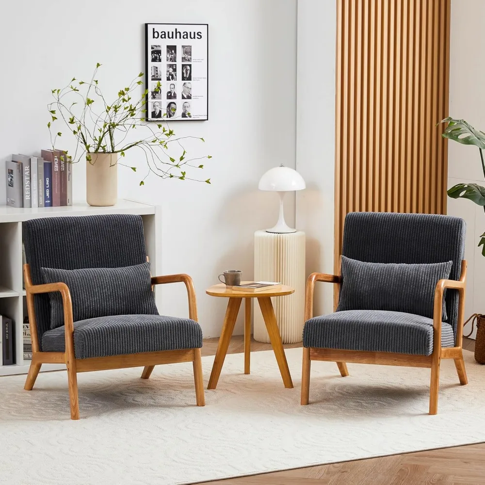 

Mid-Century Modern Accent Chairs Set of 2, Upholstered Living Room Arm Chair with Pillow, Reading Chair with Solid Wood Frame