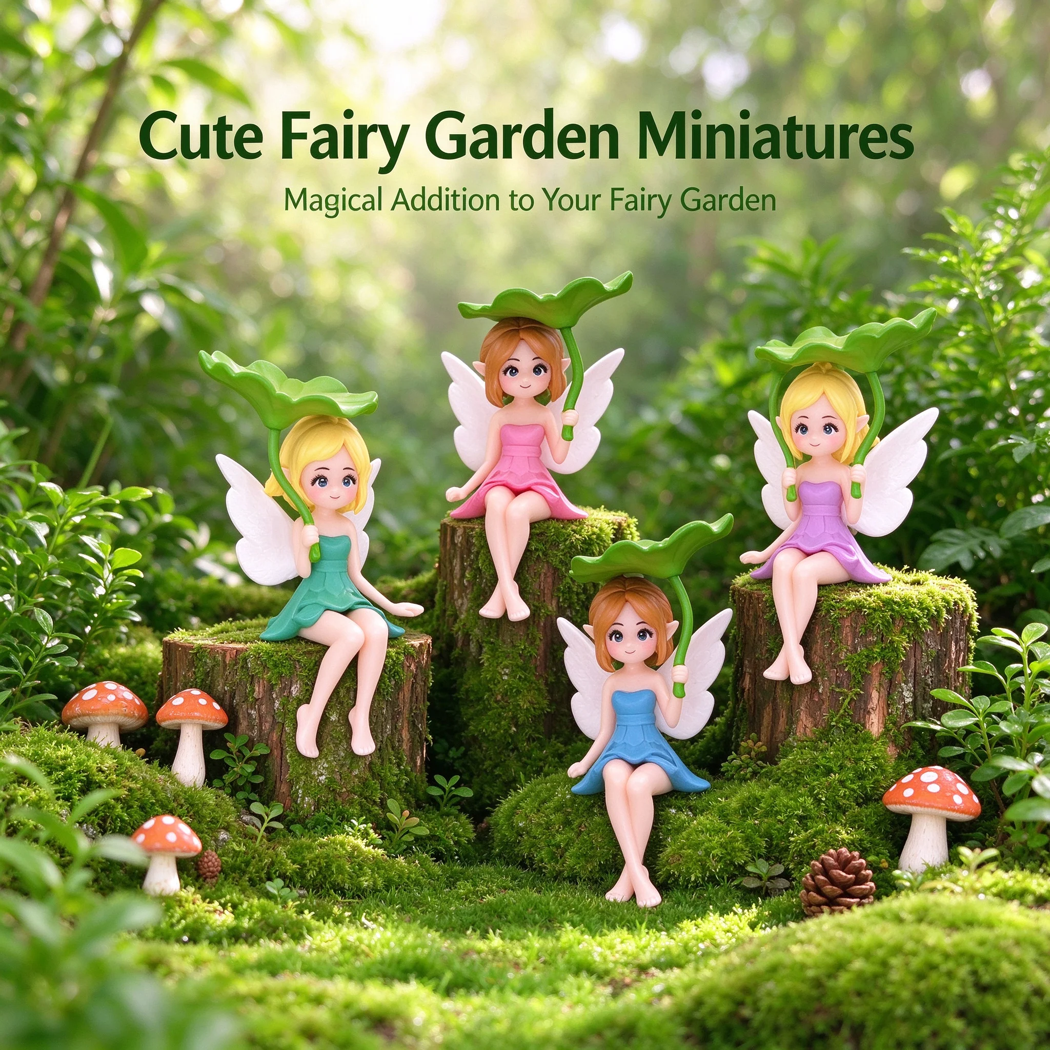 4Pcs Cute Fairy Garden Miniatures Figurines PVC Angel Girl Dolls with Lotus Leaf Wings Micro Landscape Car Decor Cake Topper