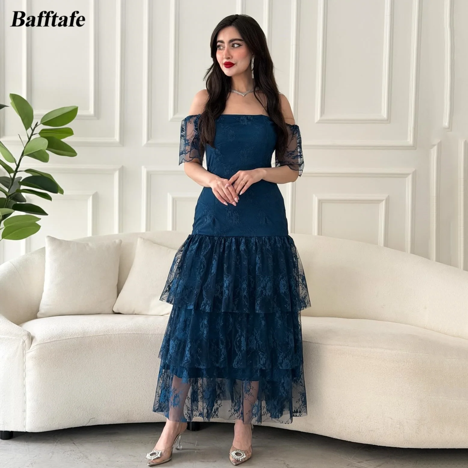 

Bafftafe Teal Blue Lace Midi Prom Dresses Customized Women's Evening Gowns Short Sleeves Special Occasion Party Dress Formal