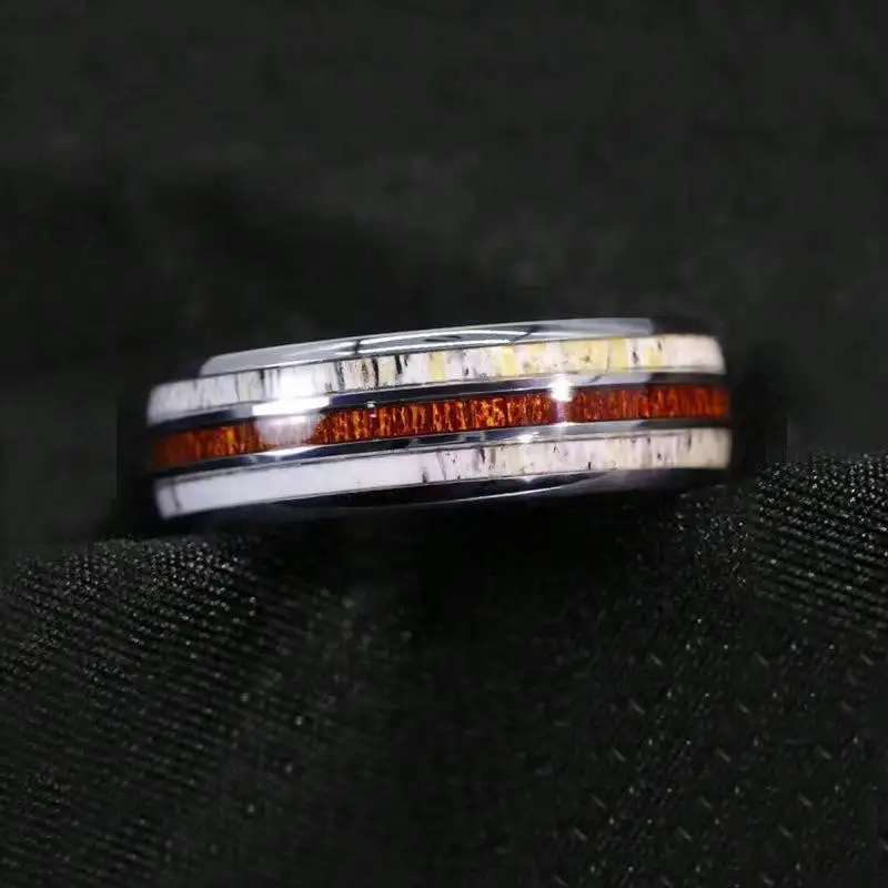 2024 Trendy 8MM Inlay Wood Grain Stainless Steel Rings for Men Accessories Anniversary Party Gift Wedding Band Fashion Men Rings