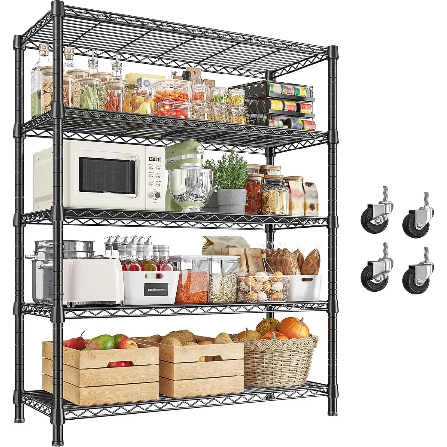 Rak Penyimpanan 1984LBS dengan Roda 75.2H Unit Rak Kawat Rak Logam dengan Roda Kaki 5 Tingkat Rak Logam yang Dapat Disesuaikan untuk Asrama