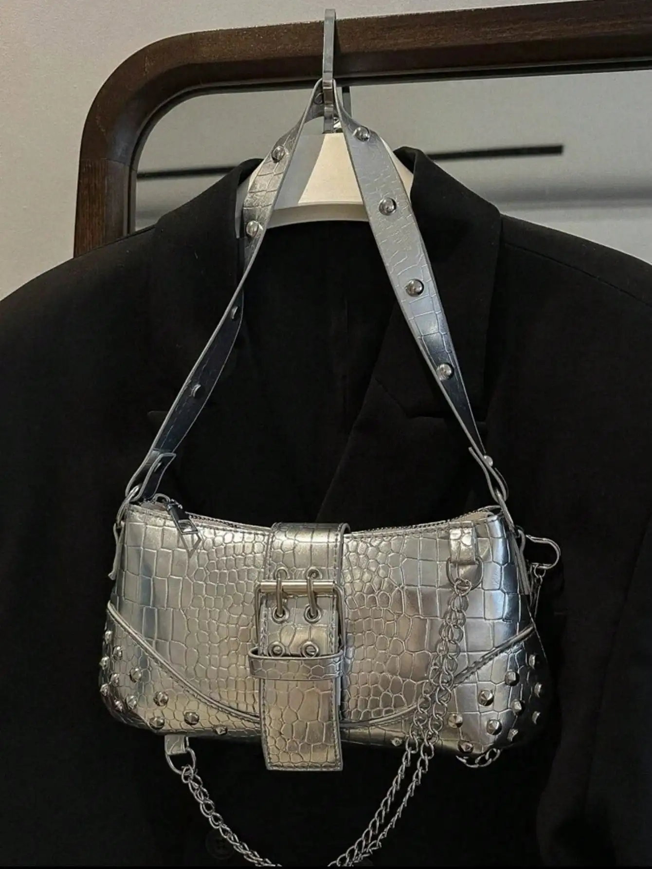 

Silver Croc-Embossed Studded Crossbody Bag with Chain Strap and Buckle Detail
