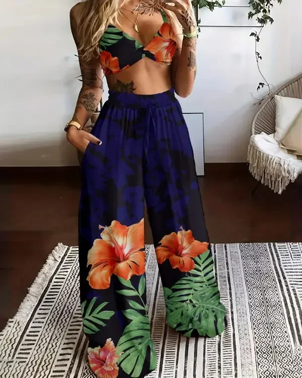 

Wide Pants Two Piece Set Women's Clothing Casual Print Sleeveless Tank Tops and Trousers Suit for Female Streetwear Spring 2024