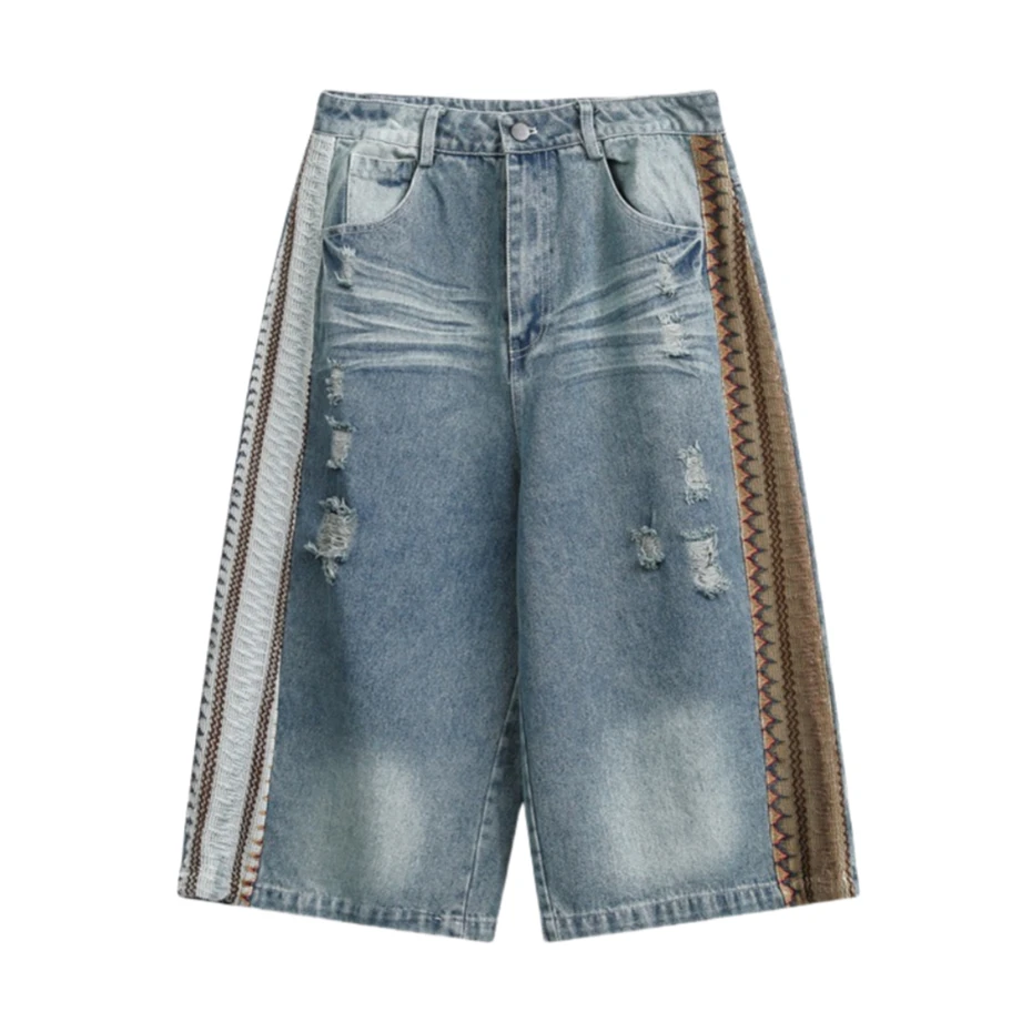 

Mens Ripped Hole Denim Short Streetwear Punk National Style Splicing Jeans Short Harajuku Vintage Baggy Calf Length Pant Male