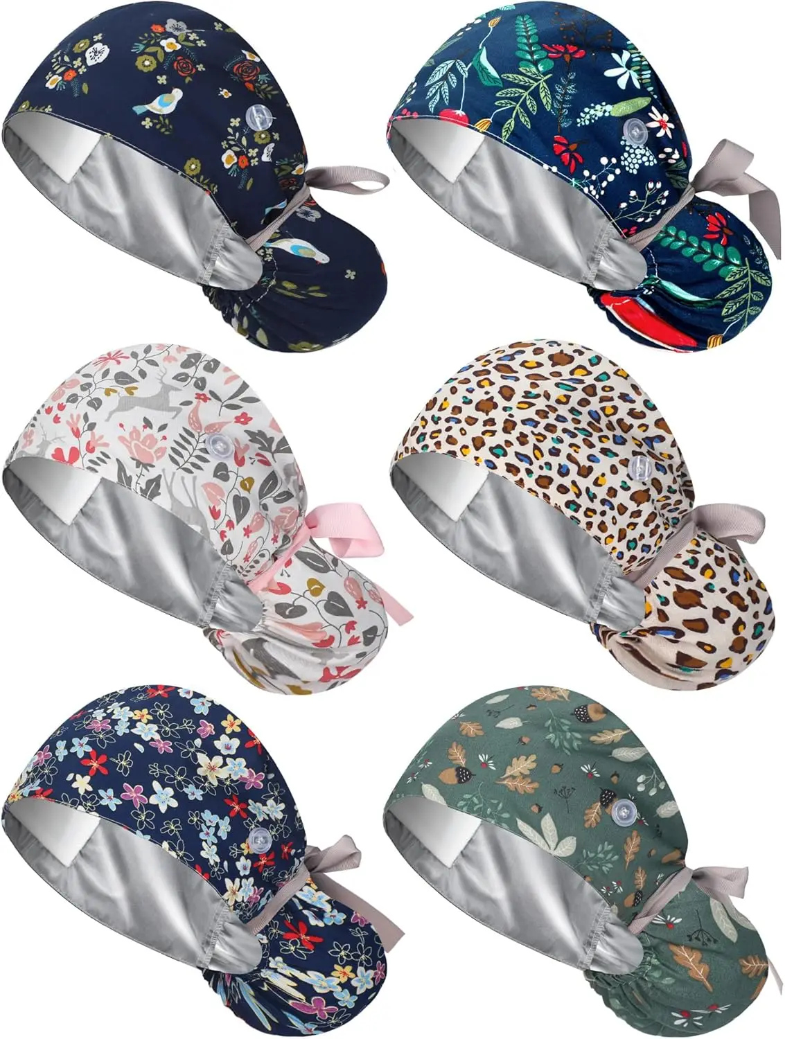 

6 Pcs Satin Lined Scrub Caps for Women, Adjustable Nurse Surgical Hat with Buttons and Ponytail Opening