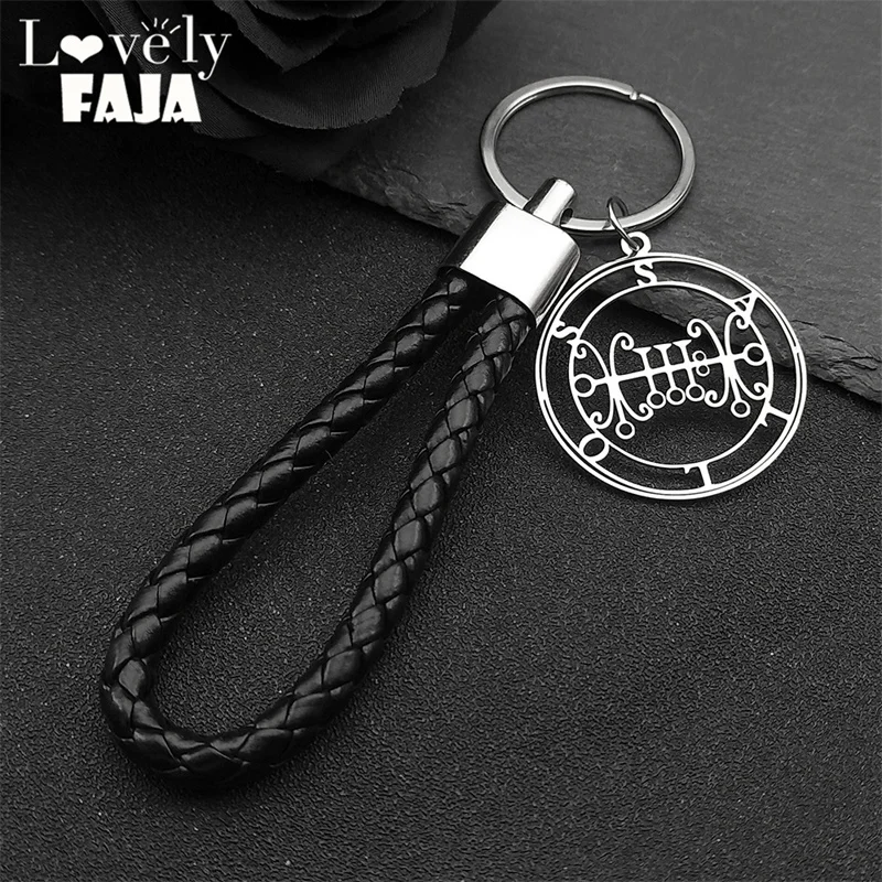 Seal of SALLOS Key Chain Men Women Stainless Steel Black Hollow Key Ring Satan Belial seal Lazer key Baphomet Jewelry 3755