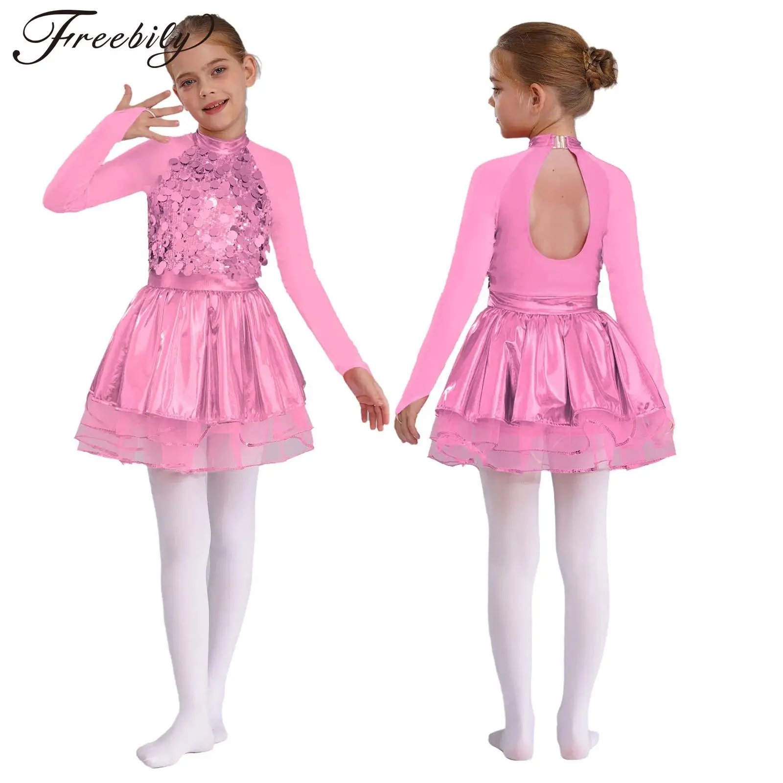 

Детское балетное платье для джазовых танцев для девочек, прозрачное сетчатое трико-пачка с длинными рукавами и блестящими пайетками металлик для танцевальной вечеринки