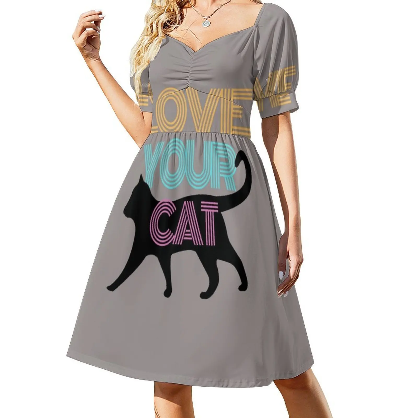 أحب قطتك البوهيمي فستان بلا أكمام متعدد المطبوعات عطلة الشاطئ فستان الحفلات الحب القط القطط القطط الرجعية فيبي الأسود الإناث