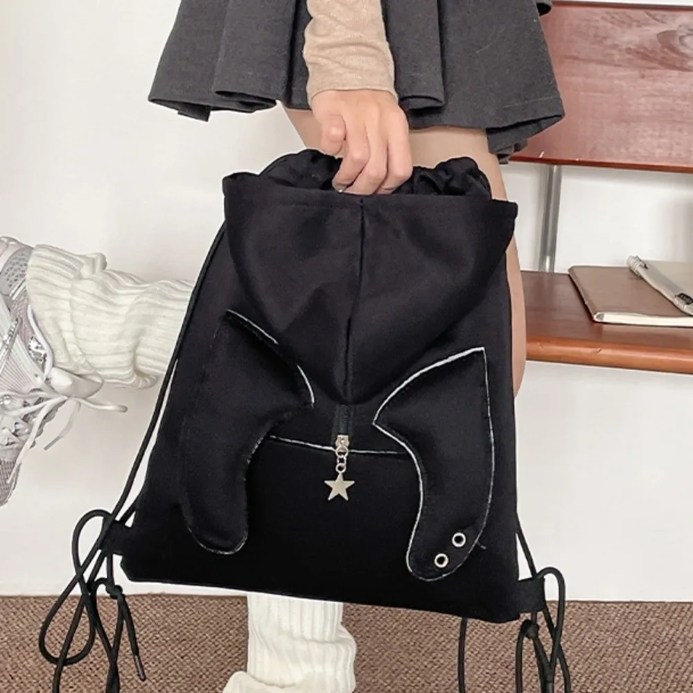 Ox Horn Hooded Backpack Star Pendant Korean Style Hoodie Design Schoolbag Cotton and Linen Large Capacity Drawstring Bag