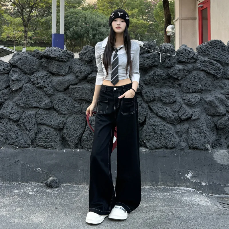 

Spring and Autumn New High Waist Front Patch Pocket Loose Slimming and All-Matching Drooping Straight Wide Leg Jeans for Women