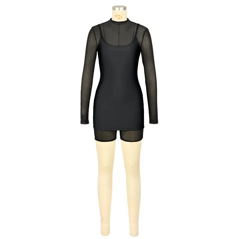 GUWU Tuta corta da donna sexy con cerniera in rete trasparente e mini abito riflettente con cinturino Set da due pezzi per party club