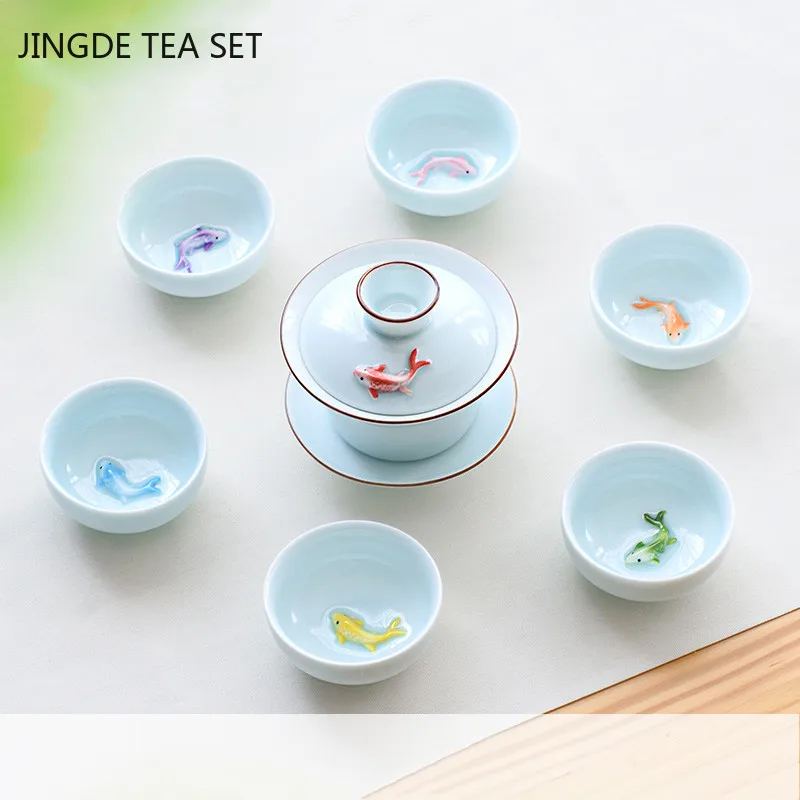 Creative Ceramic Small Fish Teacup Set Portable Tea Pot and Cup Set Chinese Tea Ceremony Supplies Customized Teaware Gifts