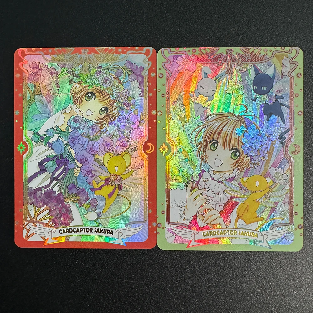 2Pcs/set Cardcaptor Sakura KINOMOTO SAKURA Anime Collection Card Refractive Color Flash Bronzing Signature Card Child Gifts