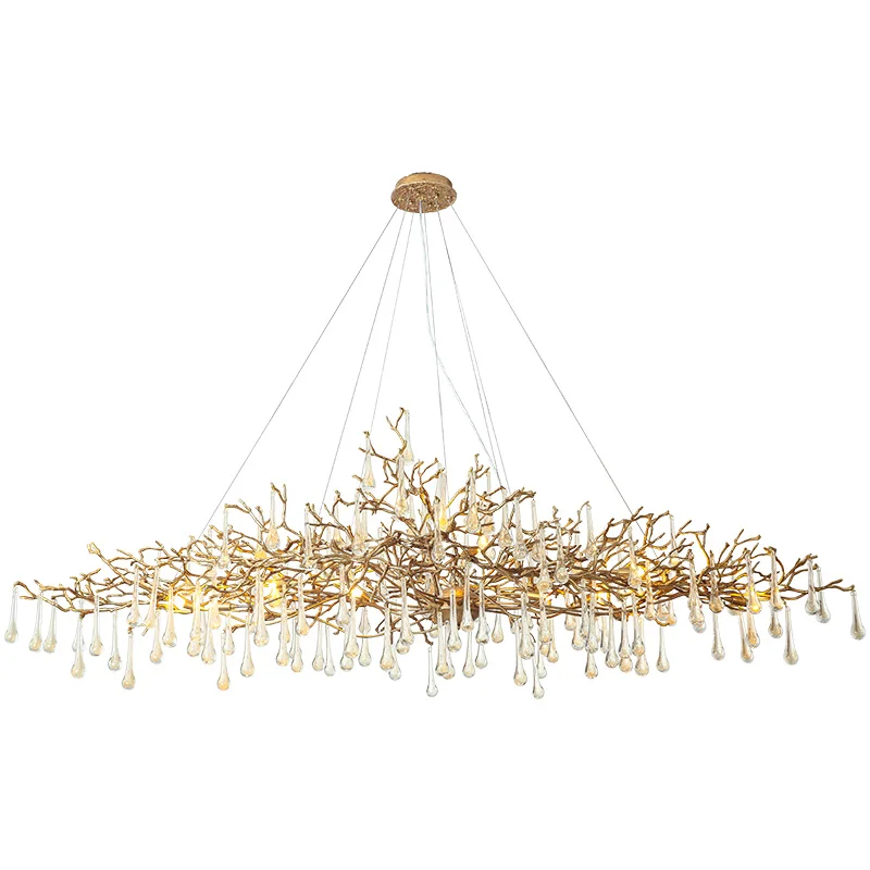 Designer Luxury Pure Copper Chandeliers Water Drops Crystal Branch   Pendant Suspension Lighting Decor Living Room Hotel Lobby