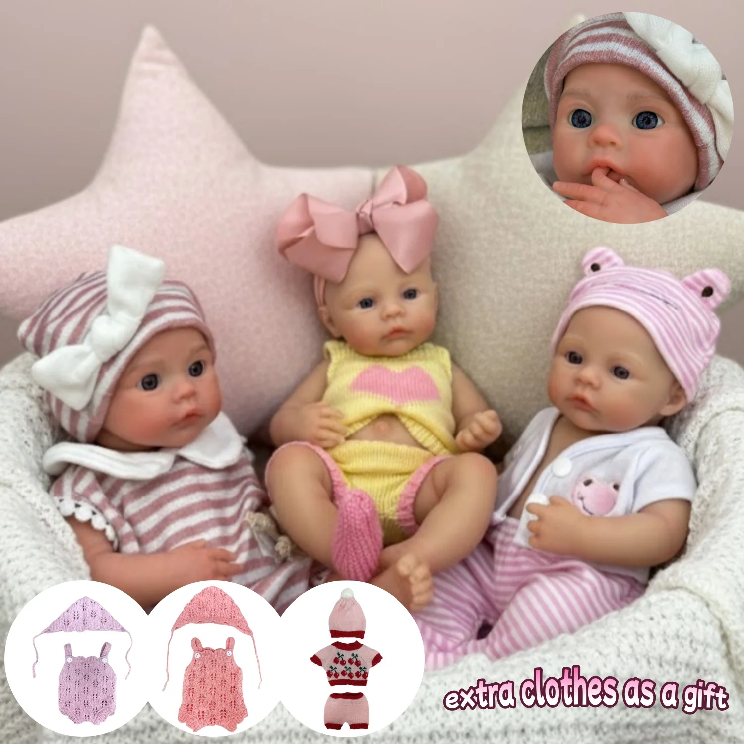 

13inch Silicone Reborn Bebe Girl With 2 Sets of Outfits, Open Mouth, Waterproof, Lifelike Painted Newborn Baby Girl Toys