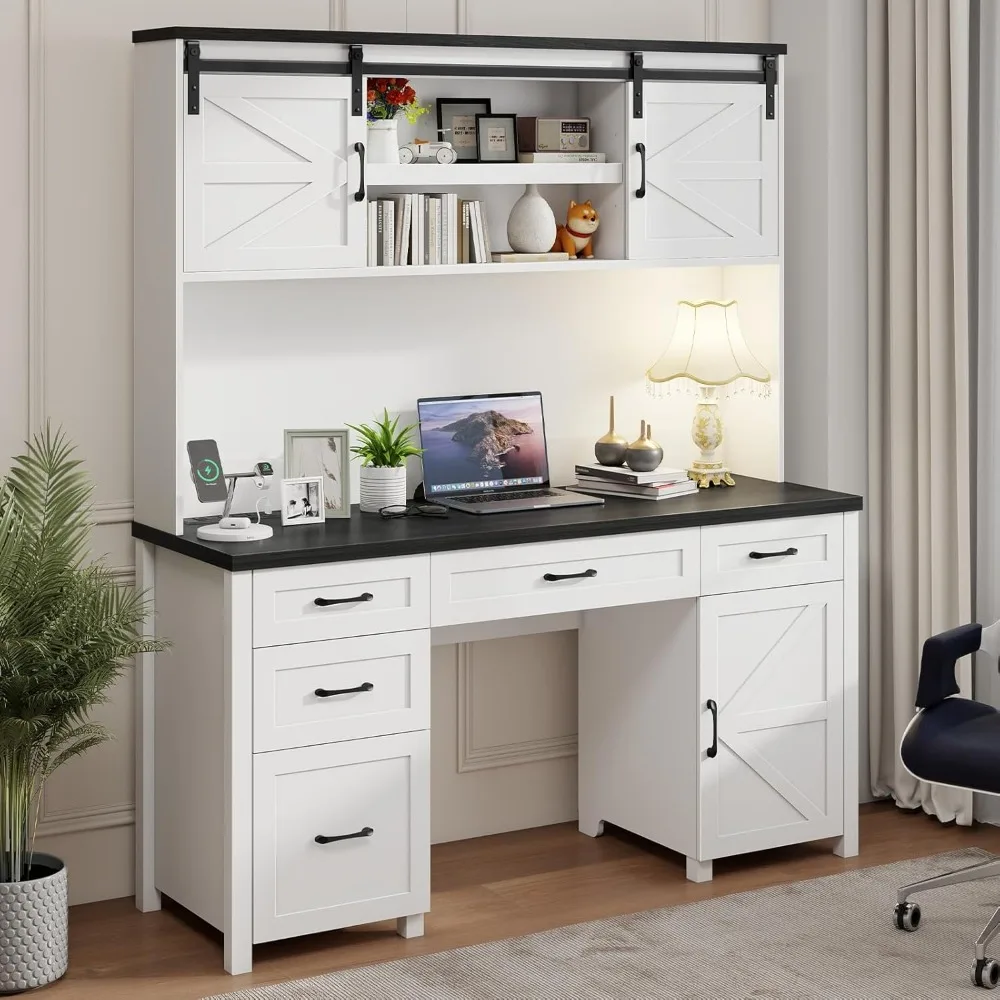 

Farmhouse 67" H Executive Desk with Hutch,Office Table with 5 Drawers, Computer Desk with Storage Cabinet & File Drawers and Cha
